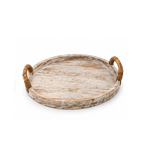 Plateau de rangement rond en bois avec poignées tressées, finition vieillie, style bohème, pour table, à un seul niveau, pour servir boissons et aliments - Product Image 1