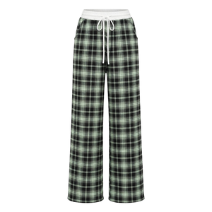 Pantalones de Salón de Franela Verde a Cuadros de Pierna Ancha para Mujer con Cintura Elástica y Cordón, Bolsillos Laterales - Ropa de Dormir Casual para Uso Diario - Product Image 1
