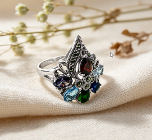 <span class=keywords><strong>Bague</strong></span> de cocktail vintage en <span class=keywords><strong>argent</strong></span> avec <span class=keywords><strong>marcassite</strong></span> <span class=keywords><strong>et</strong></span> pierres précieuses multicolores, motif floral, pour femme, bijoux de fête - Product Image 1