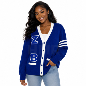 HMR Cardigan en tricot pour femmes en acrylique, col en V, manches longues, bleu et blanc contrastés, style preppy - Product Image 1