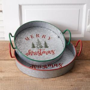 Plateaux décoratifs rustiques en métal, forme ronde, avec impression de lettres de Noël, plateaux de service avec poignées, ensembles de plateaux galvanisés pour les fêtes - Product Image 1