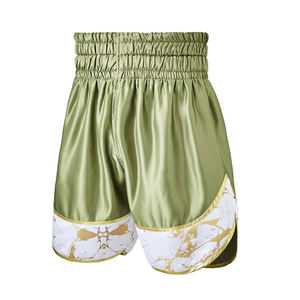 Shorts de boxe en satin vert olive pour hommes, tendance du moment, avec ourlet marbré blanc et or, coupe classique, respirant, pour la lutte en cage - Product Image 1