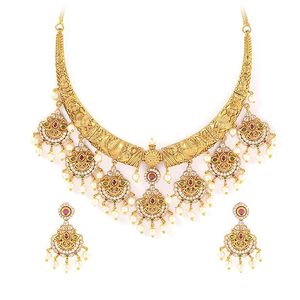 Indian Gold Plated Alloy Necklace Earrings <b>Set</b> With Zircon And <b>Pearl</b> Classic Flower Design For Women Wedding <b>Jewelry</b> - Product Image 1