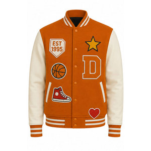 New Arrival Lettermen Jacket <b>Covered</b> <b>Button</b> Style Wool Fabric University Varsity Jacket Applique Regular Fit Turn-down Collar - Product Image 2