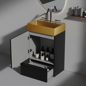 Mobile bagno Gada 20 pollici a righe nero opaco con lavabo integrato in acciaio inossidabile 304 oro spazzolato, autoportante per bagno - Product Image 2