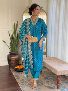 Kurti recto de viscosa Chanderi color firozi para mujer, el más vendido, con pantalón y dupatta con estampado digital. - Product Image 4