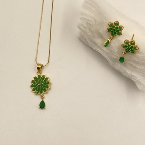 Best Selling Emerald Green Floral Pendant Necklace Set 22K Gold Plated Brass Jewelry Matching Stud <b>Earrings</b> - Product Image 1