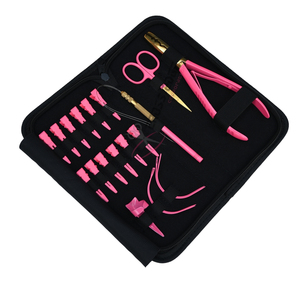 <b>Pink</b> Micro Ring and Installation Hair Extension <b>Tool</b> Bundle with 2 Hole Crimper Curved Needles Parting Finger Sectioning Clips - Product Image 1