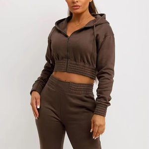 Ensemble de survêtement unisexe marron à col rond et cordon de serrage, haut court, manches longues, couleur unie, pantalon de survêtement imprimé décontracté avec poches latérales, hiver - Product Image 4