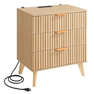 Table de chevet cannelée de style Mid-Century Modern avec 3 tiroirs et station de charge, commode de chambre, table d'appoint, meuble de rangement de chevet - Product Image 1