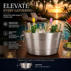 Premium Double Wall Stainless Steel Beverage Tub <b>With</b> <b>Lid</b> And Ring Handles Brushed Metal Party Ice <b>Bucket</b> Wholesale Supply - Product Image 5