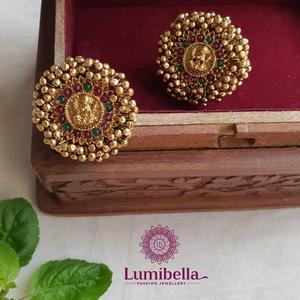 Ganesha Round Stud Earrings 18K Gold Plated Zinc Alloy with Zircon and Pearl - Product Image 3