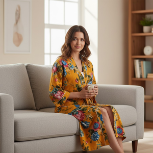 Robe Kimono en Coton Imprimé Floral Faite à la Main, Manches Longues, Légère, Ceinturée, pour la Détente, le Spa et les Resorts - Product Image 6
