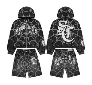 Ensemble de 2 pièces pour homme, sweat-shirt à imprimé toile d'araignée et short en jean, tenue de sport décontractée hip-hop personnalisée - Product Image 1