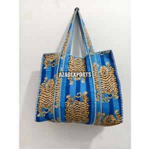 Bolso Tote Acolchado de Algodón Pintado a Mano con Estampado de Tigre Azul, Estilo Bohemio, Abierto, Gran Capacidad 18x18x13, para Compras - Product Image 1
