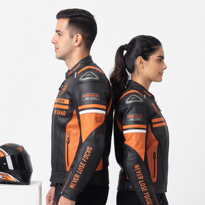 Blouson de moto unisexe en cuir à manches longues orange et noir, coupe-vent toutes saisons, veste de course, manteau de motard unisexe - Product Image 6