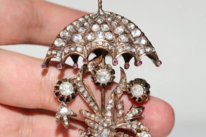 Broche parapluie antique ottomane en argent 925 plaqué or 10 carats, sertie de diamants de laboratoire taille rose et de moissanite en argent 925 - Product Image 3