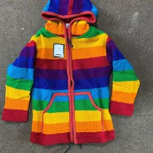 Sweat à capuche en laine pour femme, doublure en laine/cachemire, rayures arc-en-ciel, col à capuche amovible, fermeture éclair, design éco-responsable, coupe-vent - Product Image 3