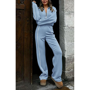 Light Blue Tracksuit <b>Set</b> Full Zip Long Sleeve Loose Fit Side Stripe Casual Sportswear <b>Knitted</b> Polyester Two Piece Outfit - Product Image 5