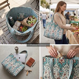 Sac à bandoulière personnalisé en coton 100 % écologique imprimé au bloc, motif floral bleu sarcelle, sac de week-end matelassé – Fournisseur - Product Image 2