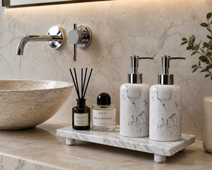 Marble Rectangular Decorative <b>Tray</b> with Legs | Minimalist Countertop Organizer for <b>Perfume</b> and Soap Display - Product Image 2