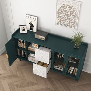 Modern 55\" Coffee Bar <b>Storage</b> Cabinet 2 Drawers 2 <b>Open</b> Compartments for Kitchen Living Room Pantry <b>Storage</b> with 2 Glass Doors - Product Image 6