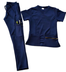 Ensemble de blouses médicales bleu marine pour femmes, haut à col en V avec poche zippée et pantalon cargo, uniformes d'hôpital, tissu tricoté en coton et polyester - Product Image 1