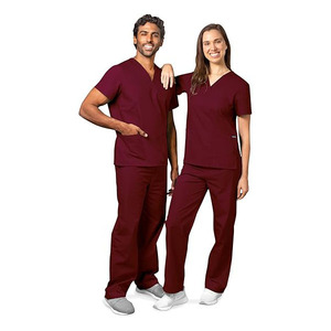 Men's Maroon V-Neck <b>Scrub</b> Set Cotton Polyester Woven Hospital Uniform Pants Matching Top Professional Medical <b>Scrub</b> Suit - Product Image 2