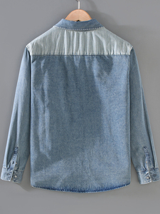 Camisa de Mezclilla Casual para Hombre, a la Moda 2026, Manga Larga, Diseño a Rayas con Parches, Cuello Clásico, Corte Regular, para Todas las Temporadas - Product Image 3