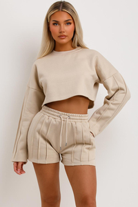 Women Beige 2 Piece <b>Tracksuit</b> Set Cropped Sweatshirt Shorts Full Sleeve Crew Neck Solid Color Side Pockets set - Product Image 6