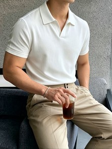 Chemise piqué blanche à manches courtes pour homme, couleur unie, respirante, en viscose/coton, séchage rapide, coupe décontractée élégante - Product Image 1