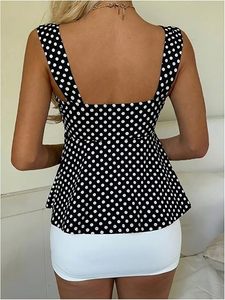 Camiseta sin mangas de punto con lunares para mujer, cuello cuadrado, fruncida, informal - Product Image 3