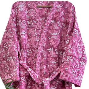 Peignoir de luxe en coton gaufré rose imprimé en bloc, écologique, pour femme, idéal pour les voyages, séchage rapide, pour spa, hôtel, vente au détail - Product Image 4