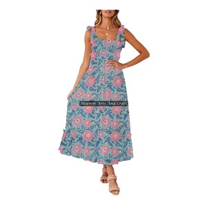 Robe de plage chic bohème à imprimé floral, bretelles spaghetti, sans manches, en coton, style plage, pour la mode estivale - Product Image 4
