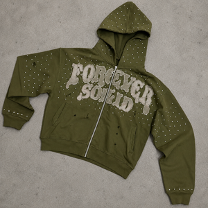 Sudadera con capucha y cremallera completa para hombre, personalizada con pedrería, efecto desgastado, oversize, de peso pesado, estilo streetwear, marrón, marca privada - Product Image 4