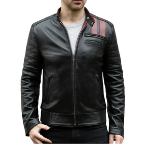 Vestes streetwear pour hommes en cuir véritable noir avec accents de rayures rouges, col montant, fermeture éclair sur le devant, coupe ajustée, vêtements d'extérieur d'hiver personnalisés de qualité supérieure - Product Image 1