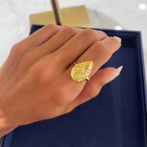 Solid 14K Real <b>Gold</b> Teardrop <b>Cocktail</b> <b>Ring</b> Lab Grown Diamond IGI Canary Yellow 2.9mm Band Custom Fine Jewelry Factory Bulk Order - Product Image 2
