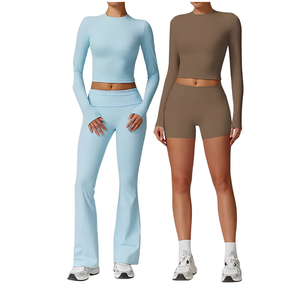 Ensemble de sport pour femme, tenue de sport assortie deux pièces, haut court côtelé sans couture, short et legging taille haute coupe ample couleur unie - Product Image 2