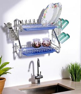2 Tier Metal <b>Dish</b> Drying Rack with Drainboard Cutlery Holder - Product Image 6