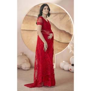Organza Straight Silhouette Saree with Zari Embroidery and Stonework for Party Wear <b>Natural</b> Waistline - Product Image 2