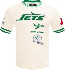 T-shirt crème des Jets de New York avec logo brodé et motif de casque, vêtements de sport à manches courtes - Product Image 1