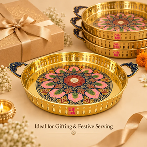 Plato de servir redondo de metal dorado de 10 pulgadas pintado a mano con asas, diseño floral clásico, plato decorativo perfecto para bodas - Product Image 6