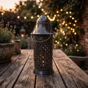 Metal Cylindrical <b>Lantern</b> With Lattice Design Durable <b>Outdoor</b> <b>Candle</b> Holder - Product Image 5