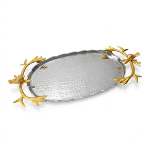 Plateau de service en aluminium martelé à la main avec poignées en forme de branche d'oiseau dorée, plateau décoratif en métal argenté pour hôtel, restaurant et maison - Product Image 1