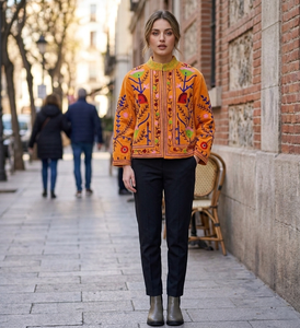Women's Finished Suzani Embroidered Woven Velvet <b>Mandarin</b> <b>Collar</b> Pullover <b>Jacket</b> Handmade Floral Short Cotton Lined Boho Winter - Product Image 4