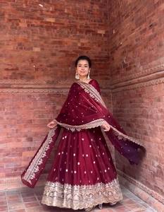 Heavy Embroidered Woven Velvet Banarasi Style Short <b>Top</b> Two Piece Lehenga Choli Set Dupatta Quick Dry for Wedding Party Women - Product Image 2