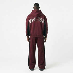 <b>Men</b> <b>Burgundy</b> Oversized Zip Up <b>Hoodie</b> and Wide Leg Sweatpants Two Piece Tracksuit Set - Product Image 2