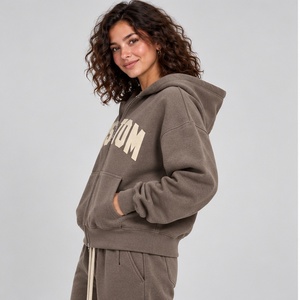 Sweat à capuche zippé marron chocolat de qualité supérieure pour femme, coupe ample, uni, effet délavé, vente en gros - Product Image 3