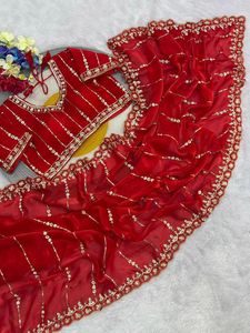 Sari de Organza de Diseño con Lentejuelas y Bordados, Blusa para Bodas y Fiestas, Sari Tradicional Indio - Product Image 3