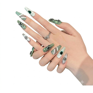 Escalera Súper Larga Acrílico Dedo Prediseñado Musgo Verde Gris Plateado Negro Cosplay Rock Chic Edgy Moda Lágrimas de Obsidiana - Product Image 2
